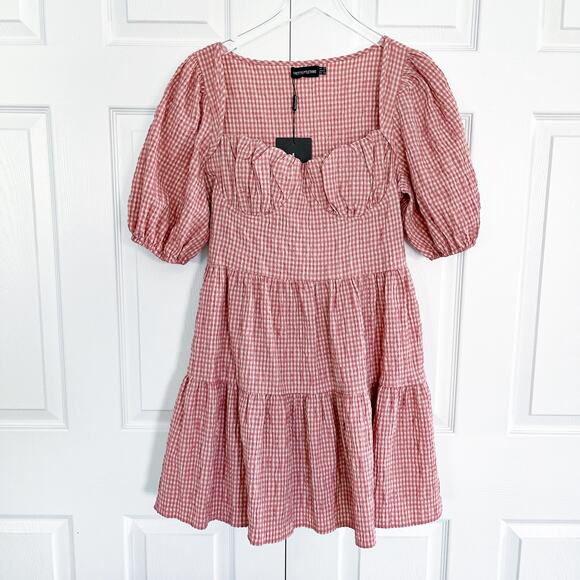 PrettyLittleThing Dresses & Skirts - PrettyLittleThing Pink Gingham Print Crinkle Underbust Detail Tiered Smock Dress